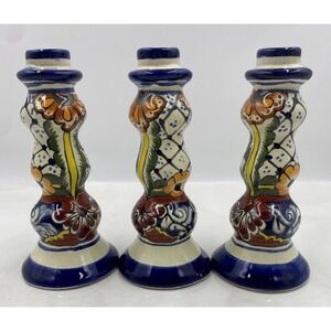 Talavera Pottery Candlestick Holders Mexican Folk Art Floral Set 3 7 5/8" Tall